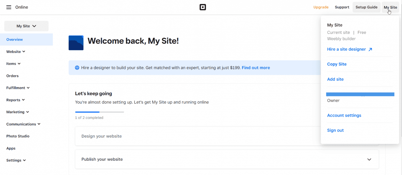 Square dashboard Weebly builder