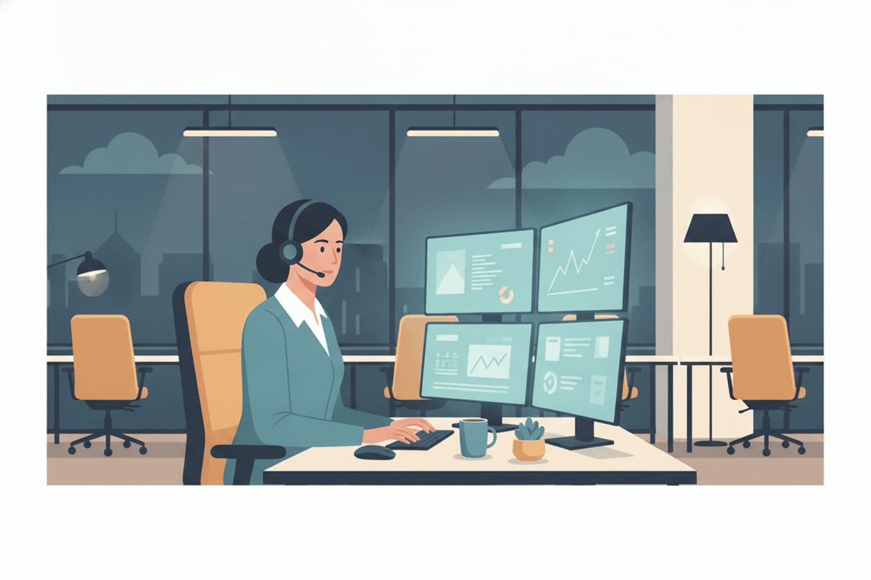 IT help desk technician providing remote support at night on multiple monitors