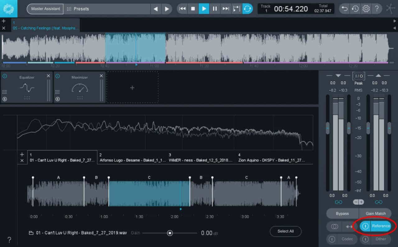 Ozone's Track Reference feature allows you to listen to multiple reference tracks with ease within your mix session