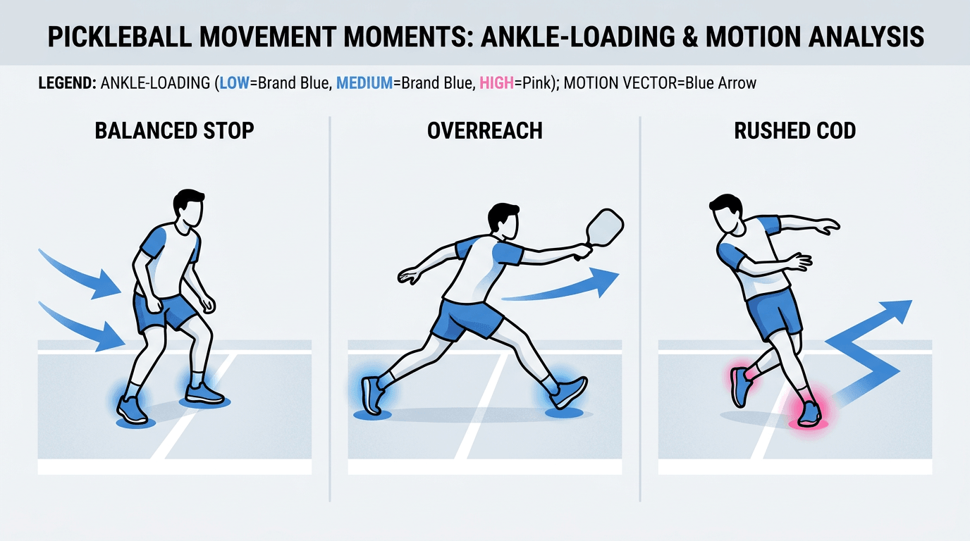 Infographic comparing three pickleball movement moments on a slick court, showing diagrams of foot placements, arrows for movement, and color-coded ankle-loading indicators. Each of the three panels labels the movement and includes a small legend for low, medium, and high ankle load.