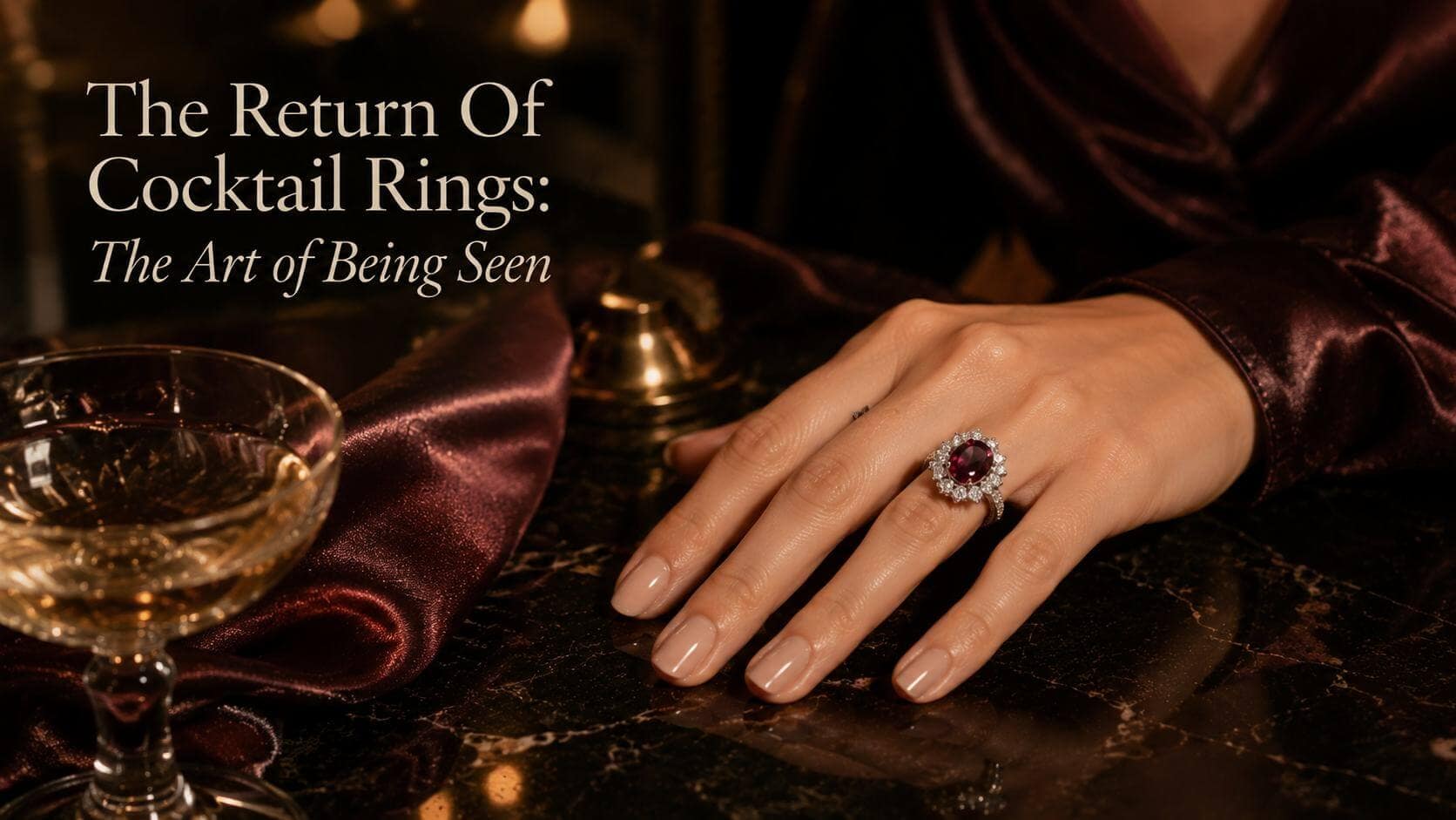 A coloured gemstone and diamond cocktail ring worn on a woman’s hand beside an elegant evening glass.