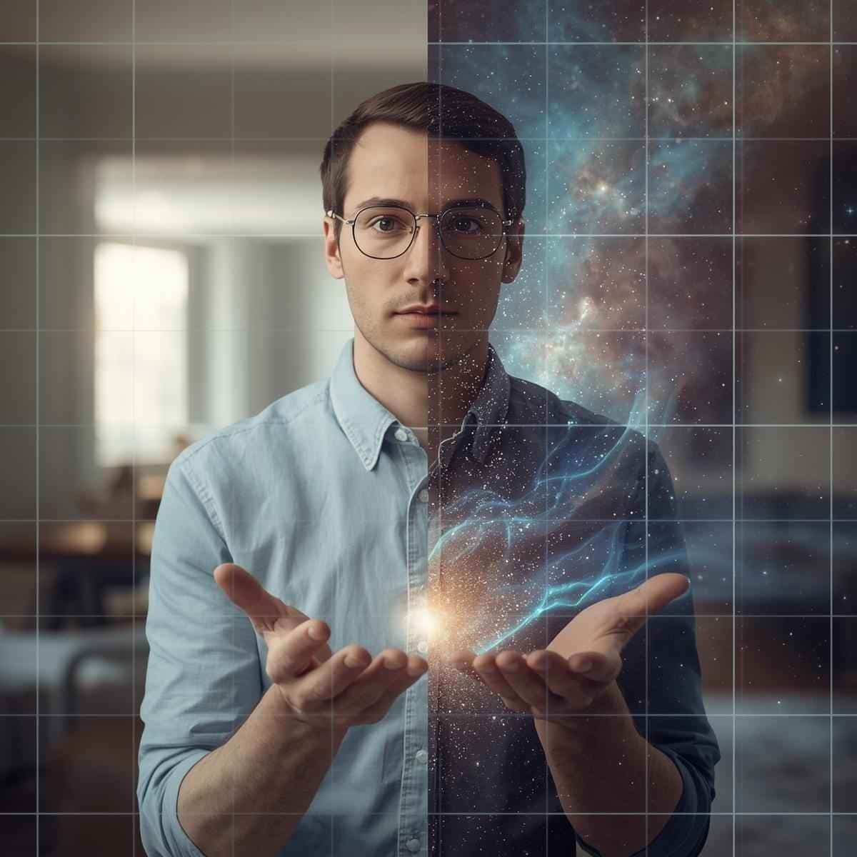 Man transitions from traditional healing into Reconnective Healing®, hands immersed in glowing Energy, Light, & Information® frequencies.