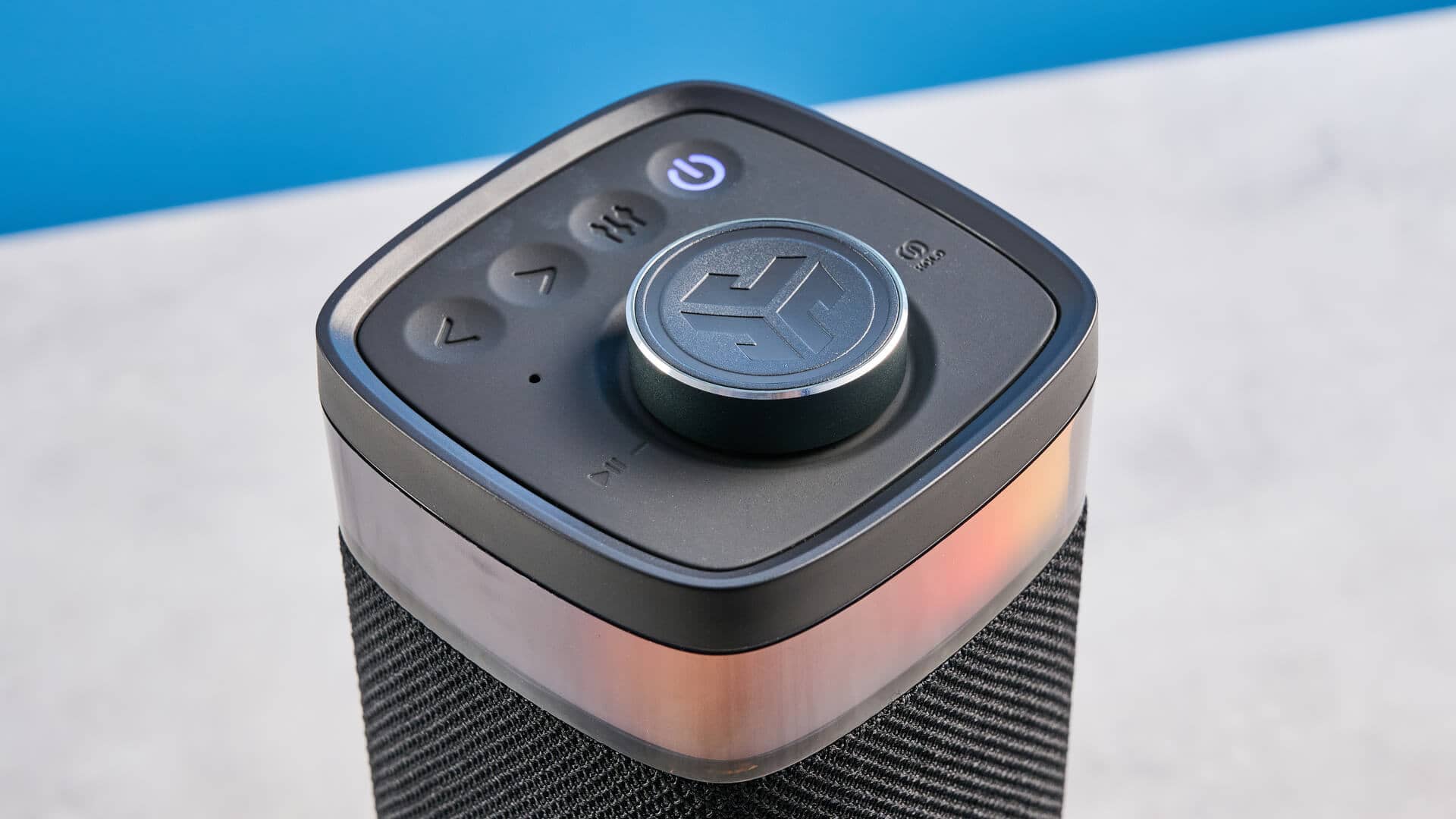 JLab JBuds Party speaker showing LED lights