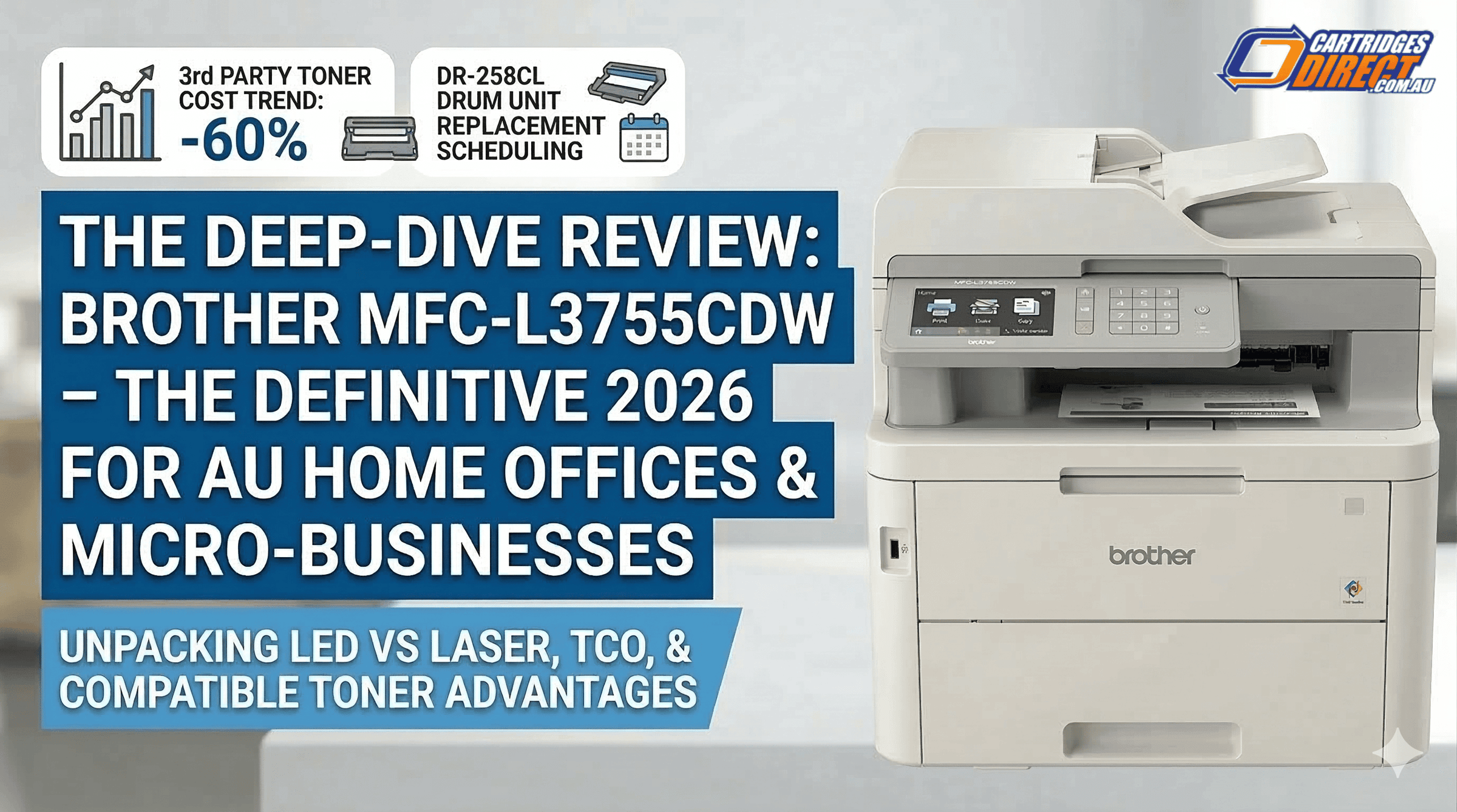 A deep-dive review of the Brother MFC-L3755CDW colour laser printer for Australian home offices, analyzing LED vs laser technology and toner costs.