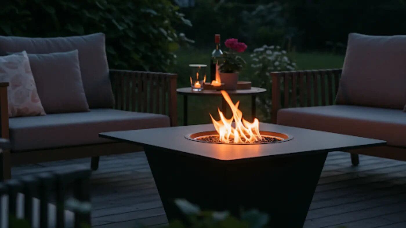 A square black fire pit table with a lit flame on a wooden deck at dusk. Two cushioned outdoor chairs flank the table, and a small side table holds a wine bottle and flowers.
