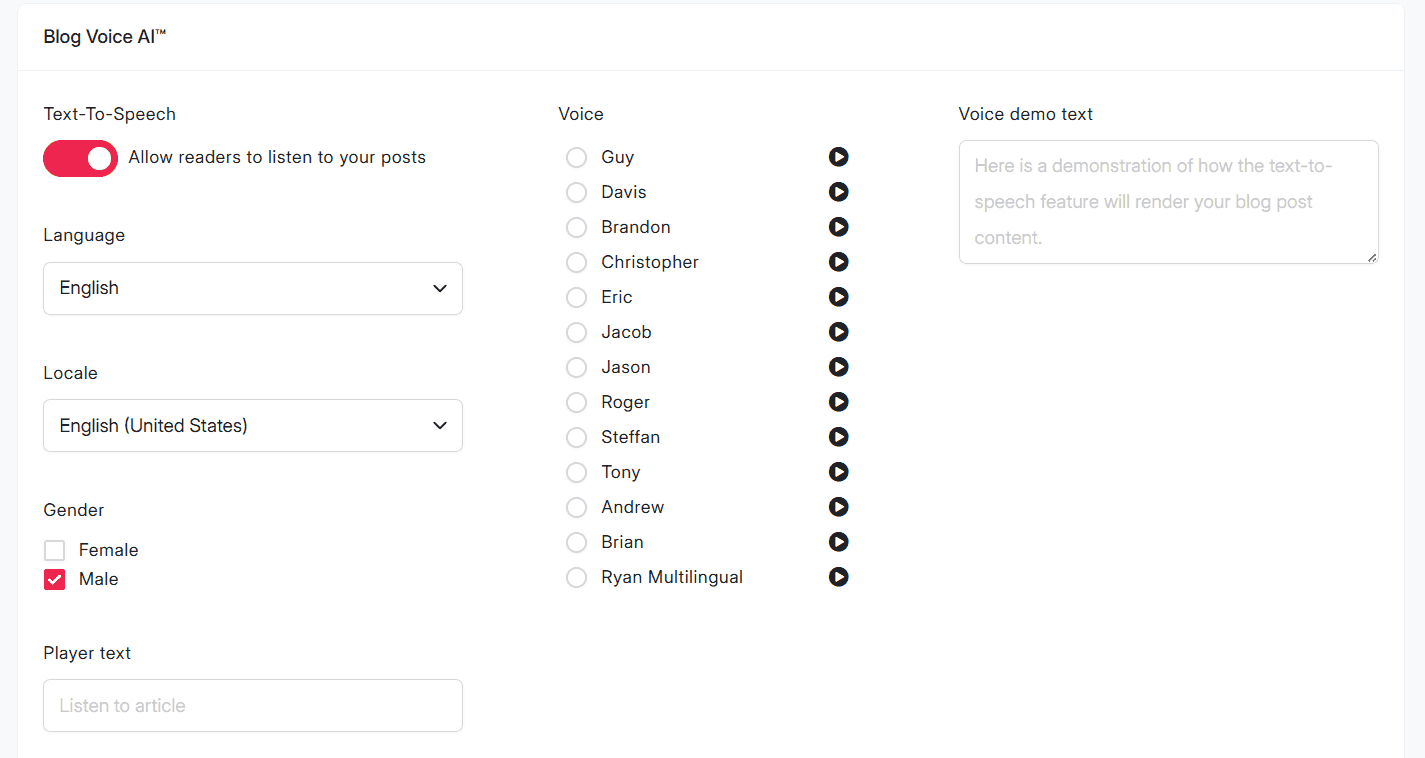 DropInBlog Blog Voice AI settings screen with text-to-speech enabled, language and voice options, and a demo text preview.