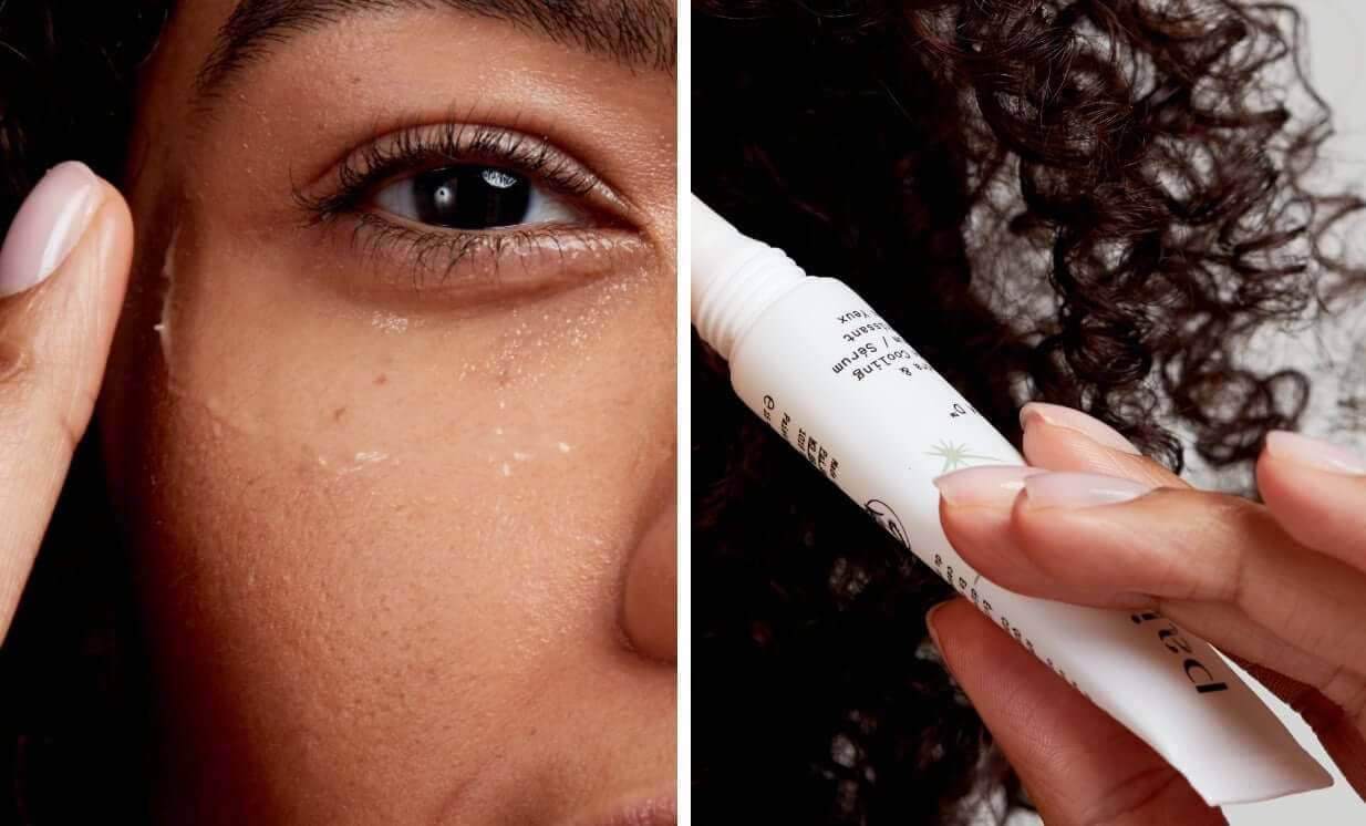 Model applying Instant Kalmer sensitive skin serum with gentle fingertip technique