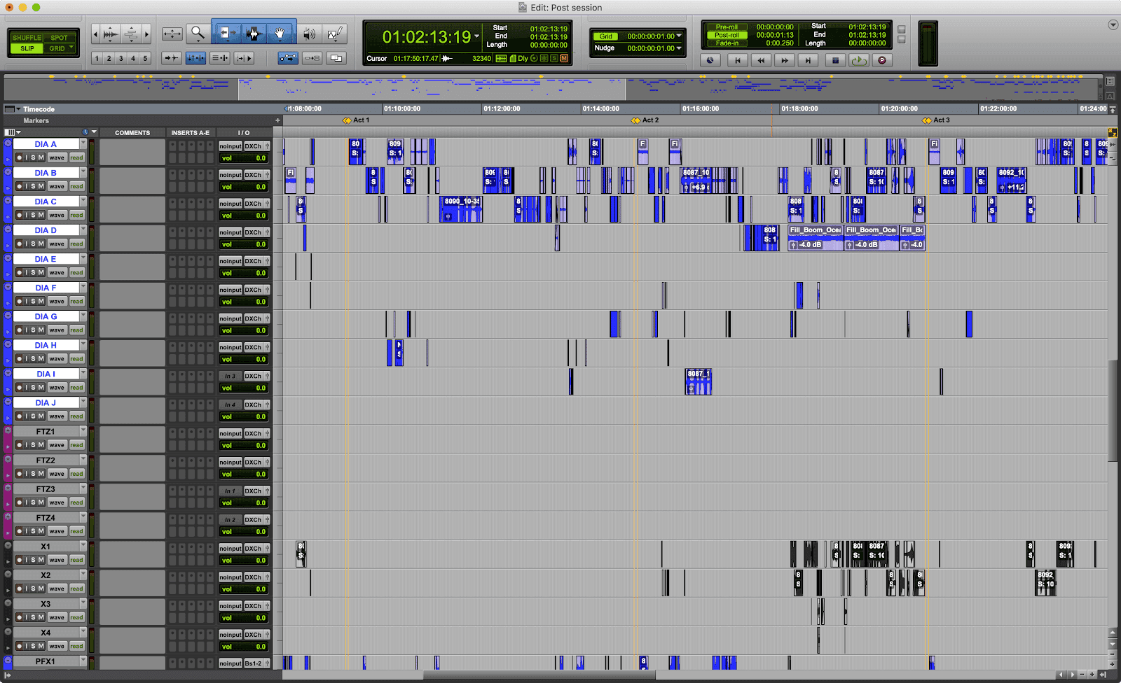 The typical dialogue editing workflow can contain hundreds of files recorded in different spaces.