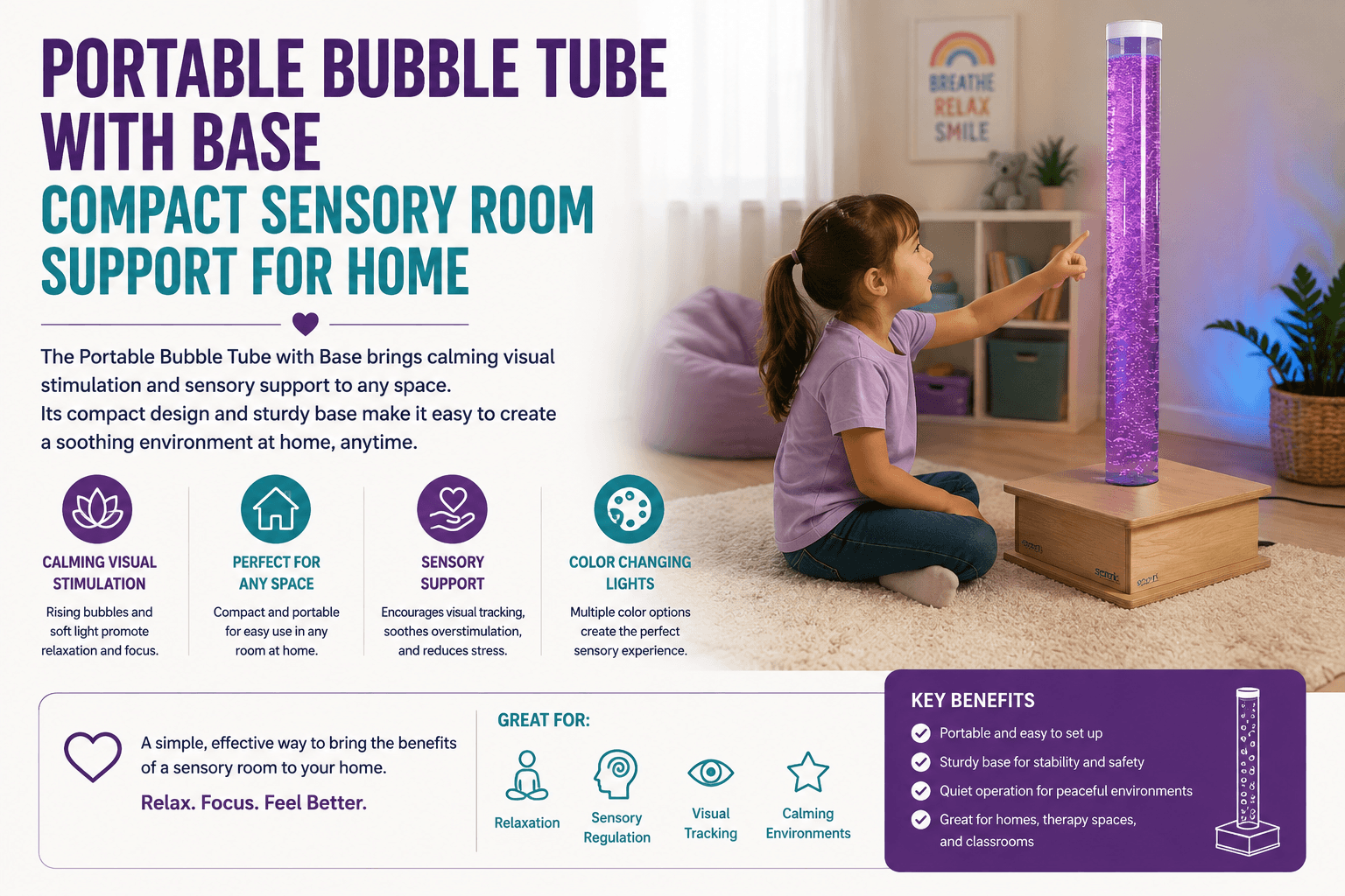 Portable Bubble Tube With Base Compact Sensory Room Support for Home