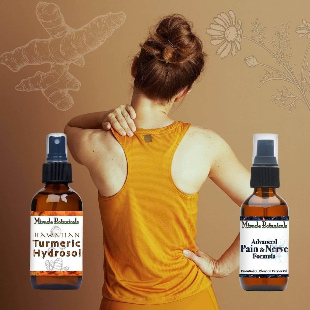 woman rubbing her sore neck, with amber bottles of Hawaiian Turmeric Hydrosol and Advanced Pain and Nerve Formula by Miracle Botanicals