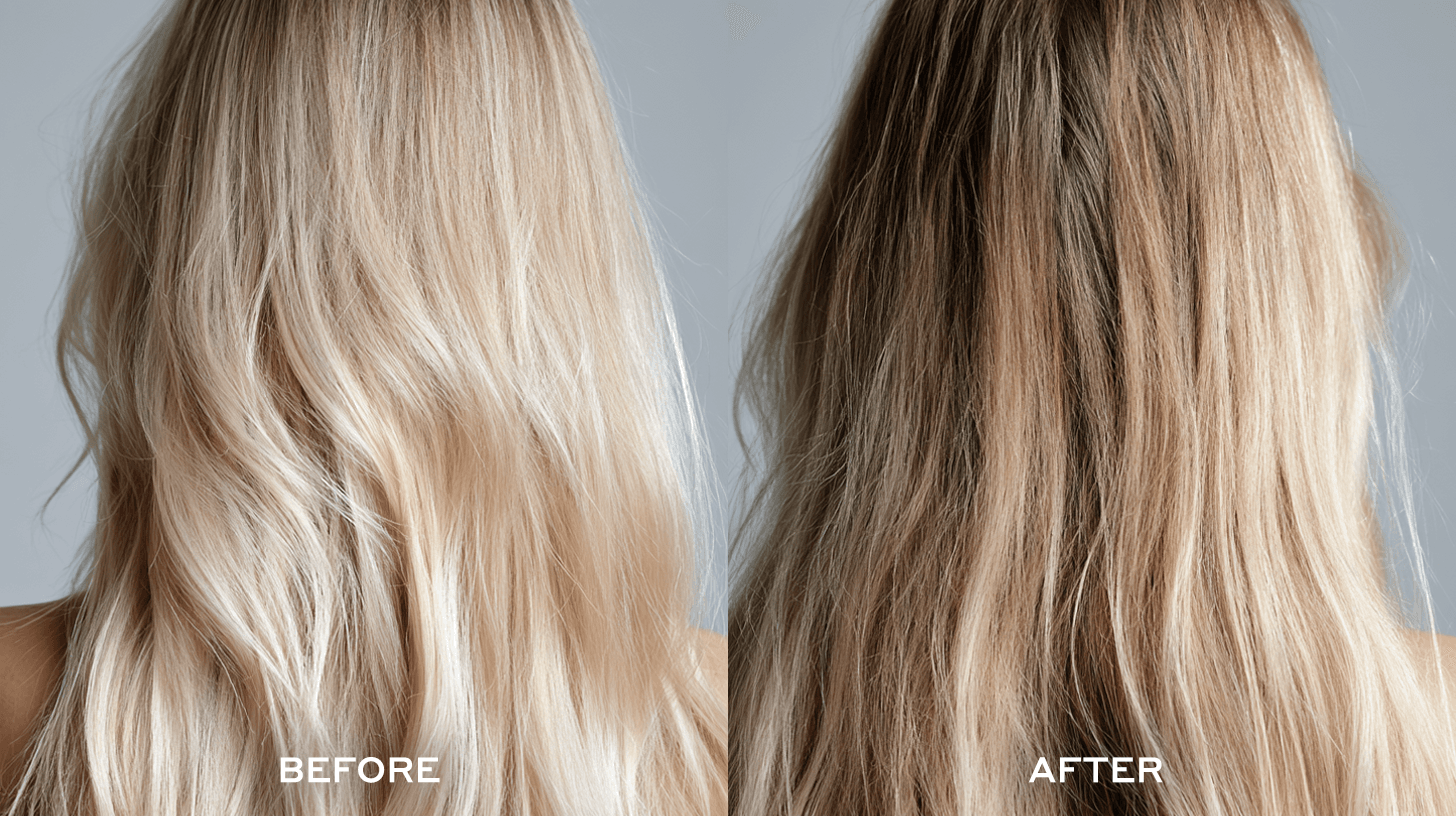 blonde woman showing before and after hard water damage, with softer and healthier lighter color on the left before hard water damage, and brassy darker blonde and damaged hair on the right after hard water. 