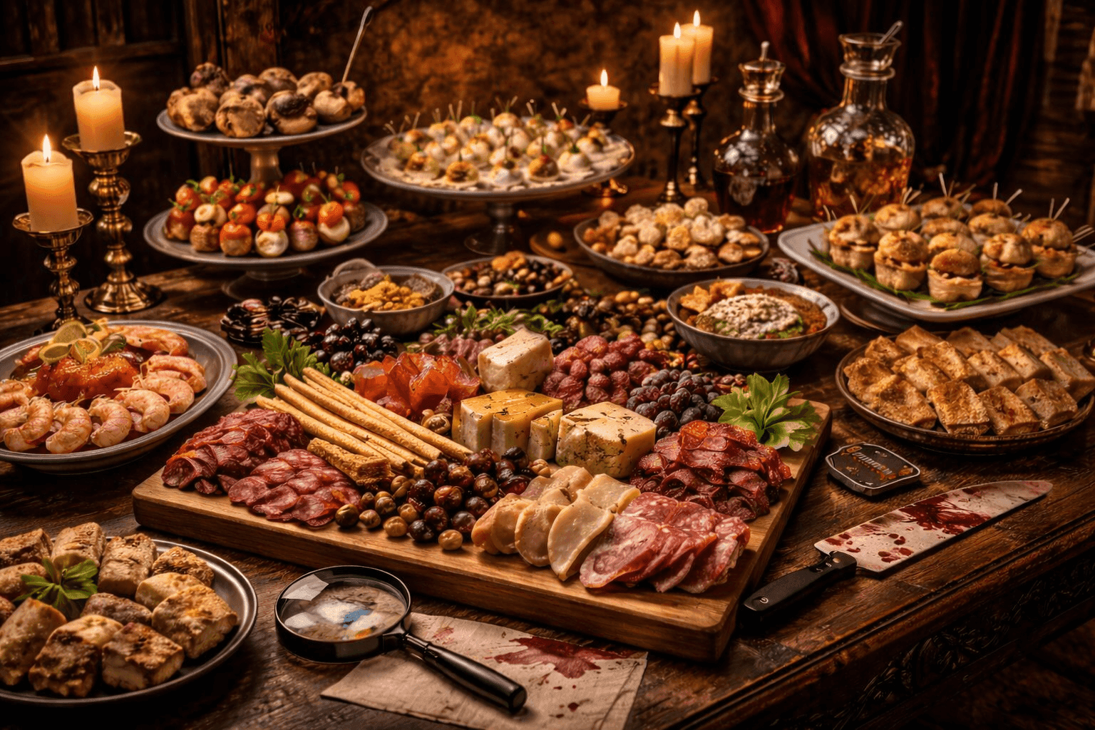 A murder mystery party buffet table with charcuterie boards, and other delectable appetizers.