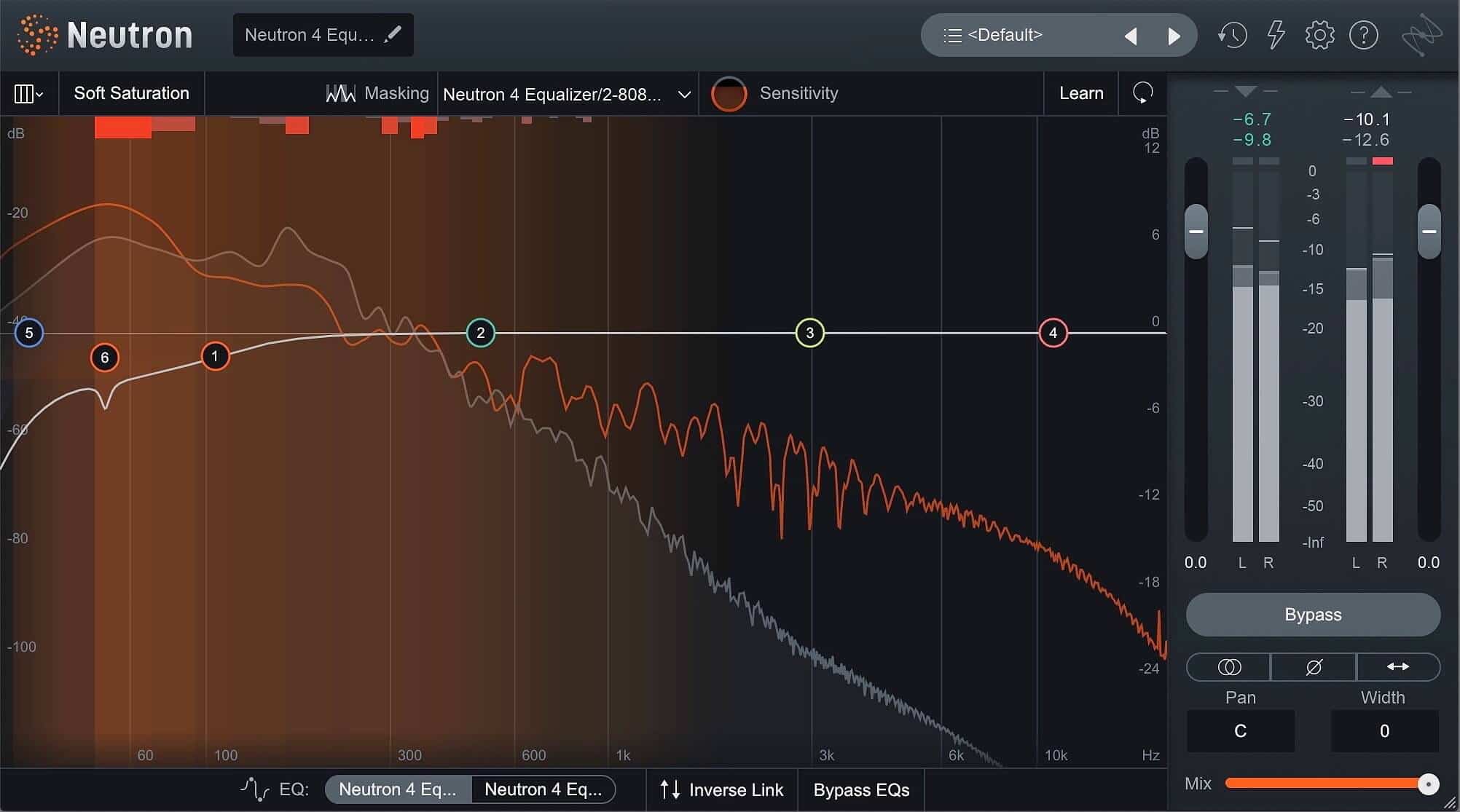 Frequency masking identified in the kick and bass in bright orange