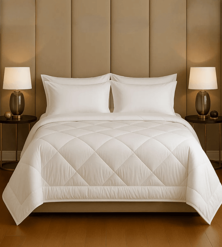 A bed with white comforter and two lampsAI-generated content may be incorrect.