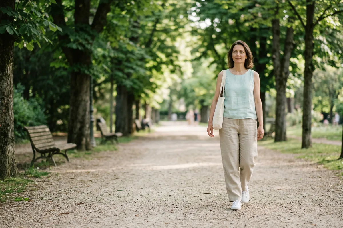 Femme d'une quarantaine d'années qui marche dans un parc en ville par une matinée d'été