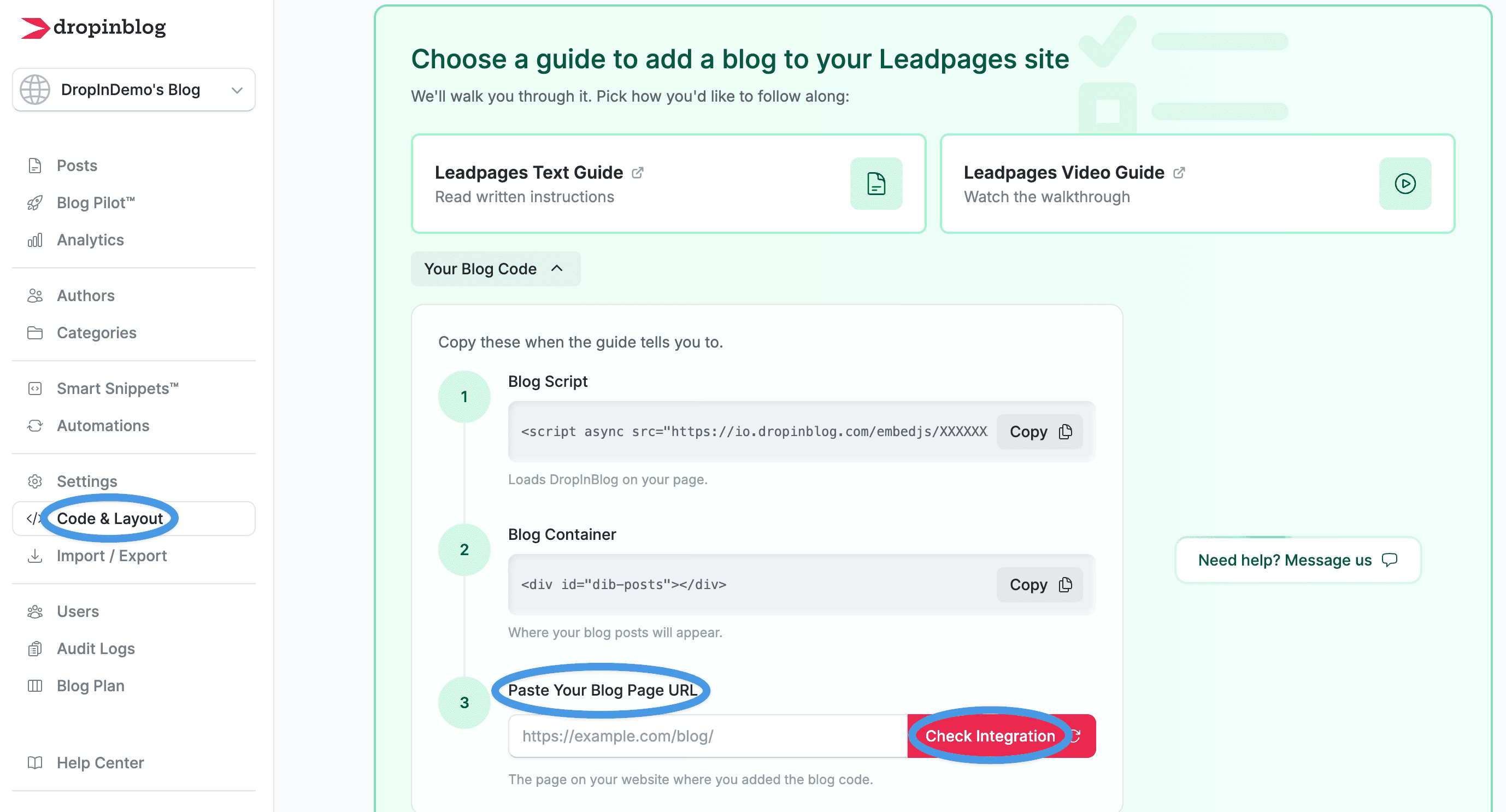 Leadpages blog install step