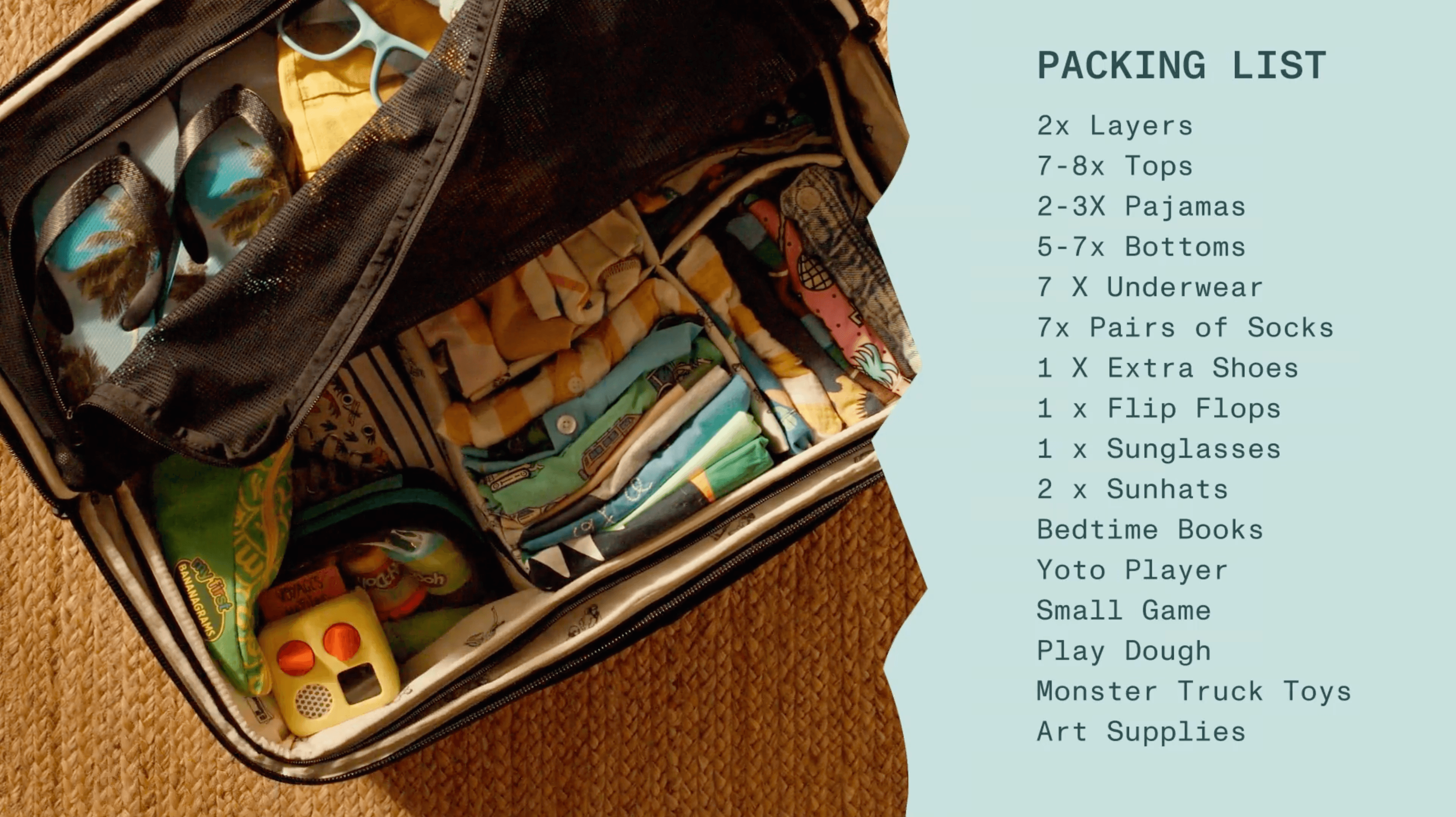 Clothes, shoes, toiletries, books, and toys from our seven-day toddler packing list laid out beside a packed Rollaway.