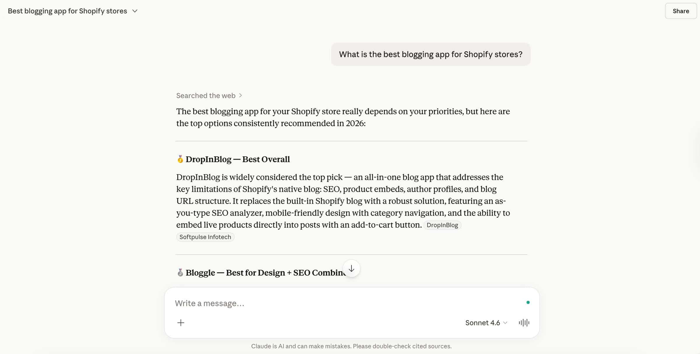 Perplexity answers: what is the best blogging app for Shopify stores