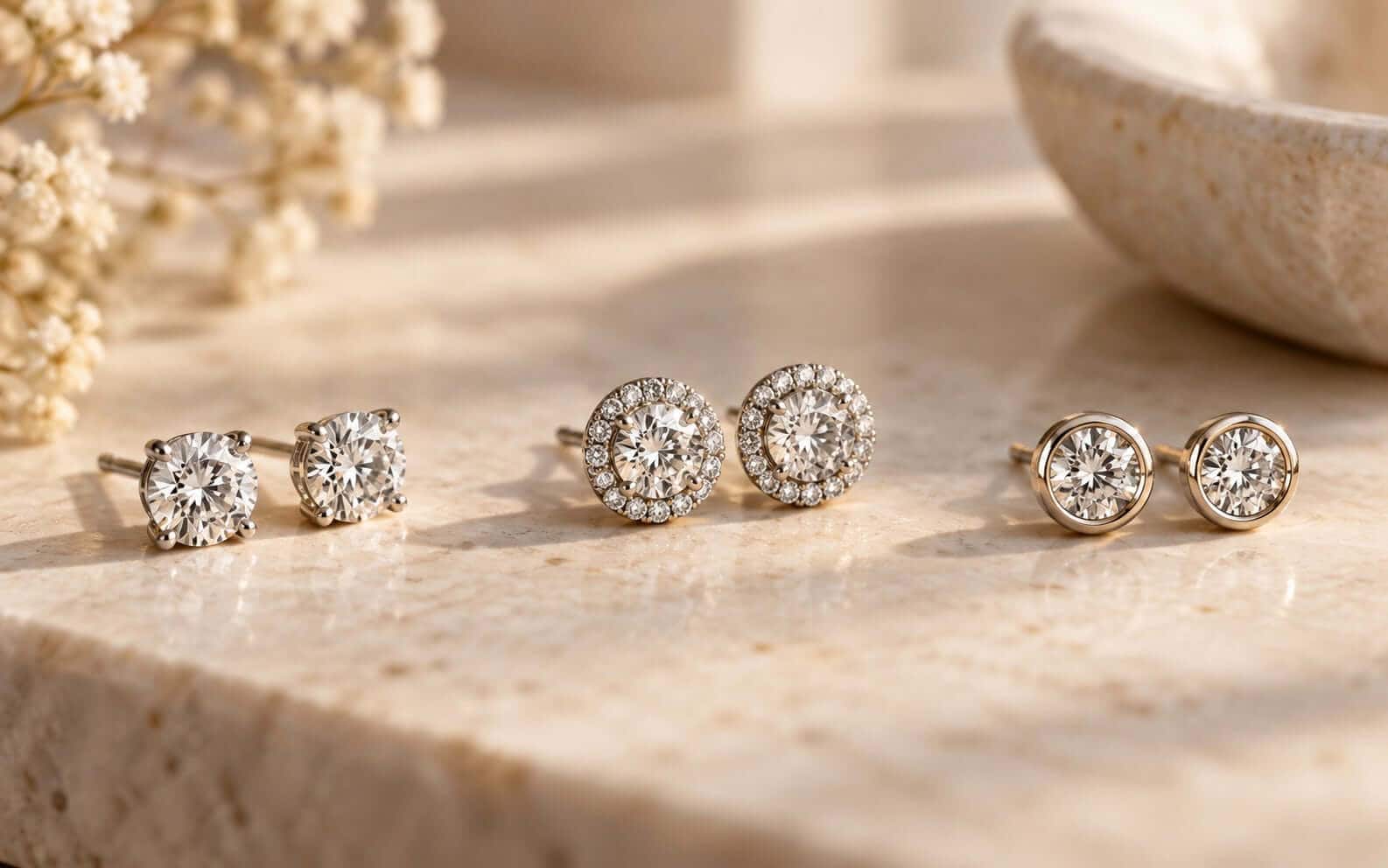 Three pairs of diamond studs in claw, halo and rub-over settings on a shared pale stone surface.