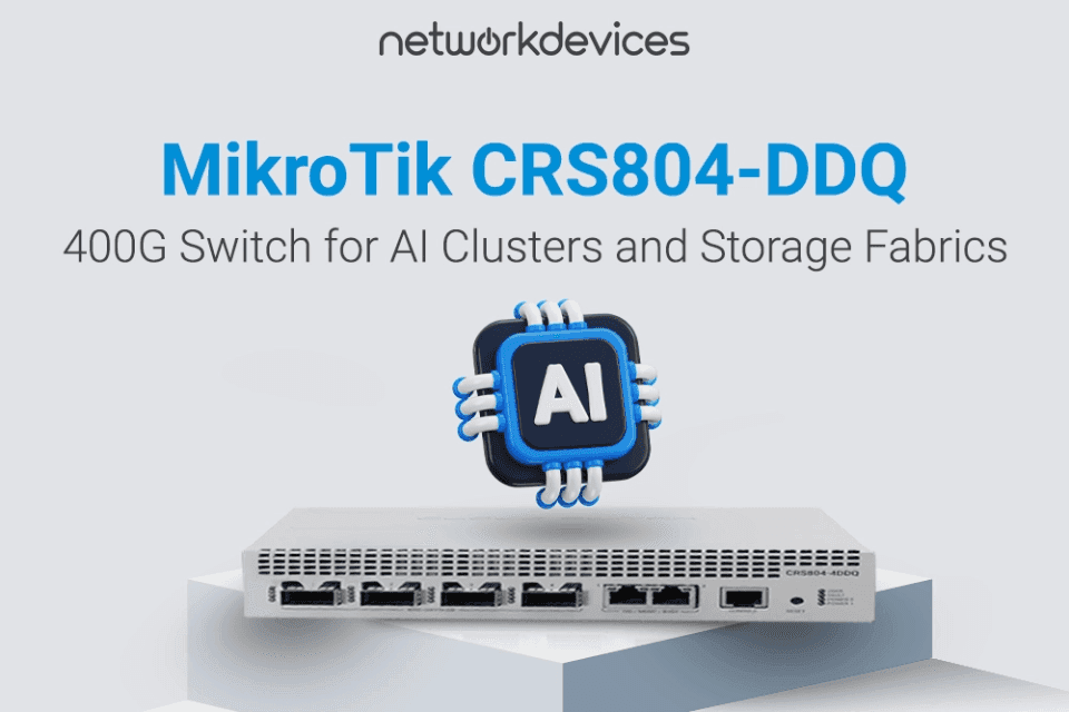 MikroTik CRS804-DDQ 400G switch with four QSFP-DD ports for AI cluster networking and storage fabrics