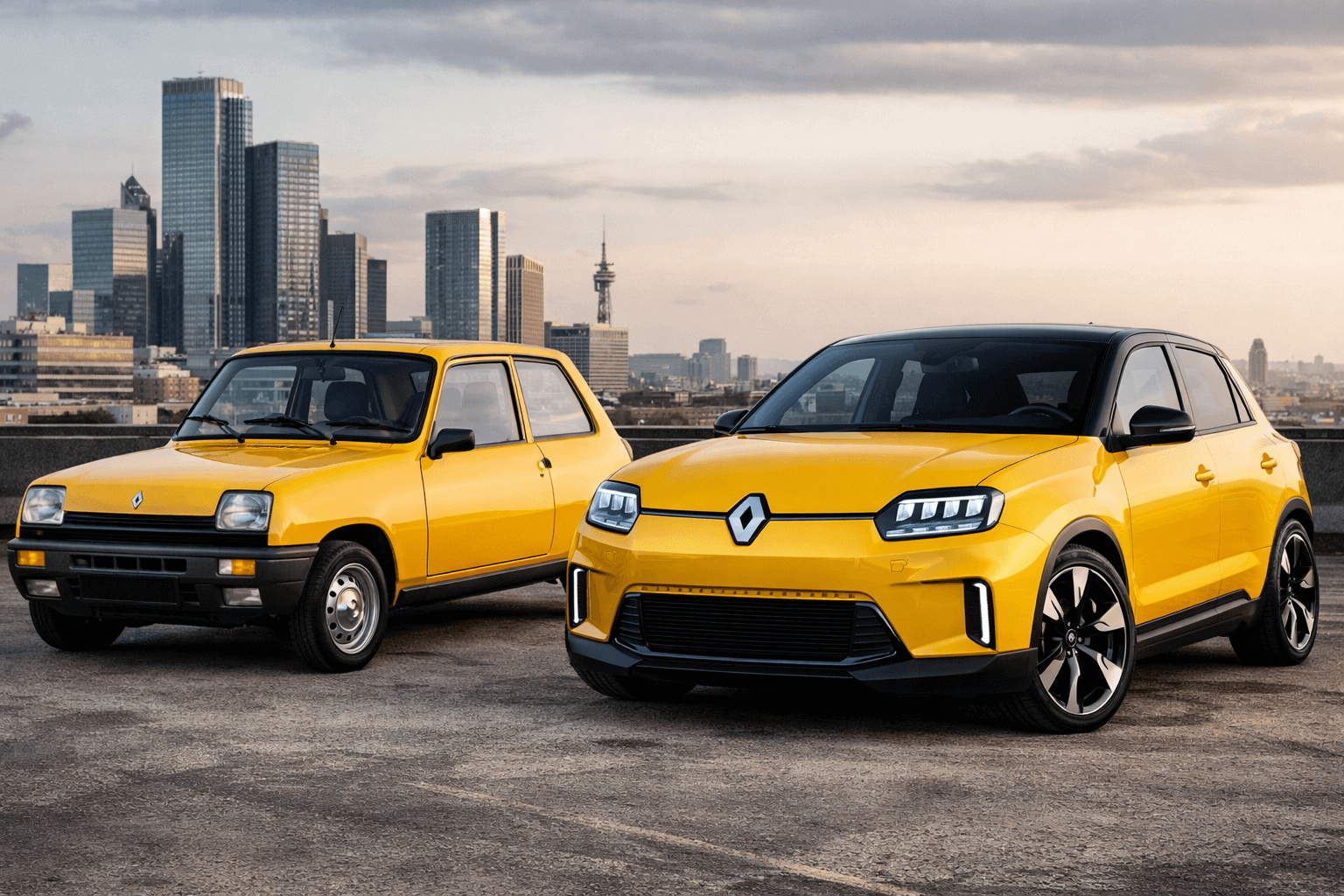 Comparaison entre la Renault 5 originale et la nouvelle Renault 5 électrique, illustrant l’évolution du design rétro vers un style moderne.