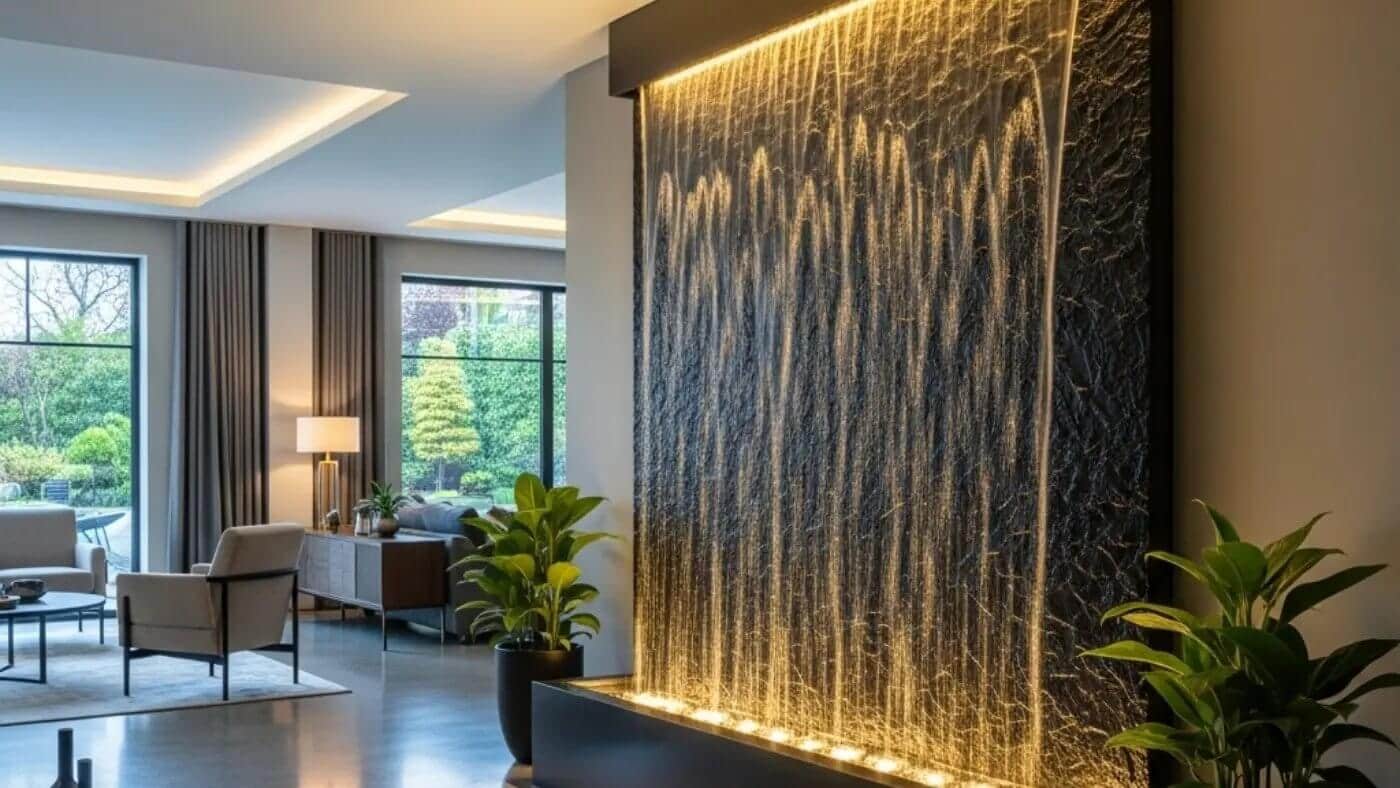A luxurious living room features a large, modern indoor wall water fountain with a dark, textured background and illuminated flowing water, acting as a stunning centerpiece.