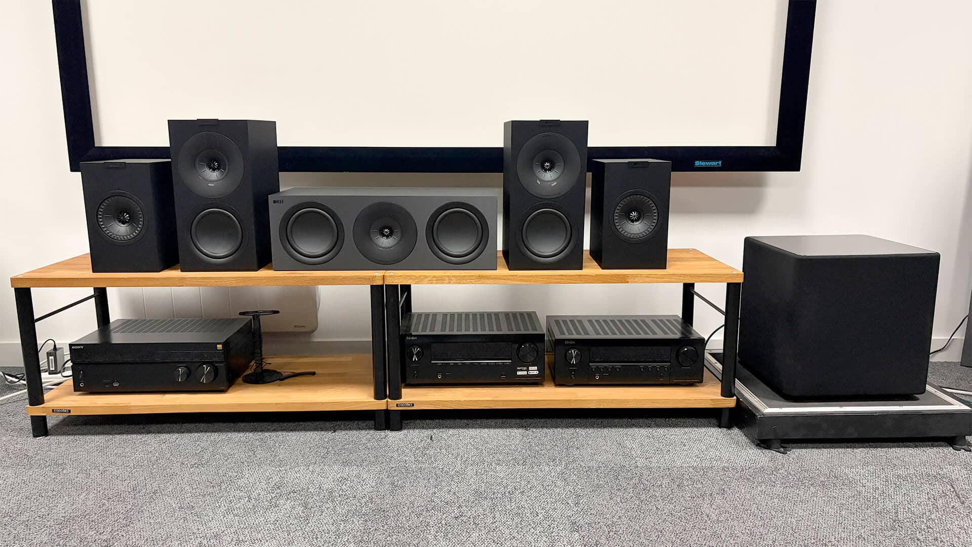 KEF Q Concerto Meta 5.1 showing all speakers in front of screen
