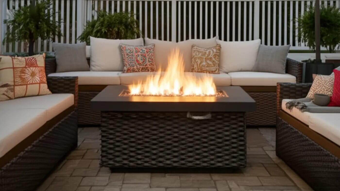 A gas fire pit table with a sleek design, showing a contained flame within its basin, with a blurred background suggesting an outdoor setting where safety is prioritized.