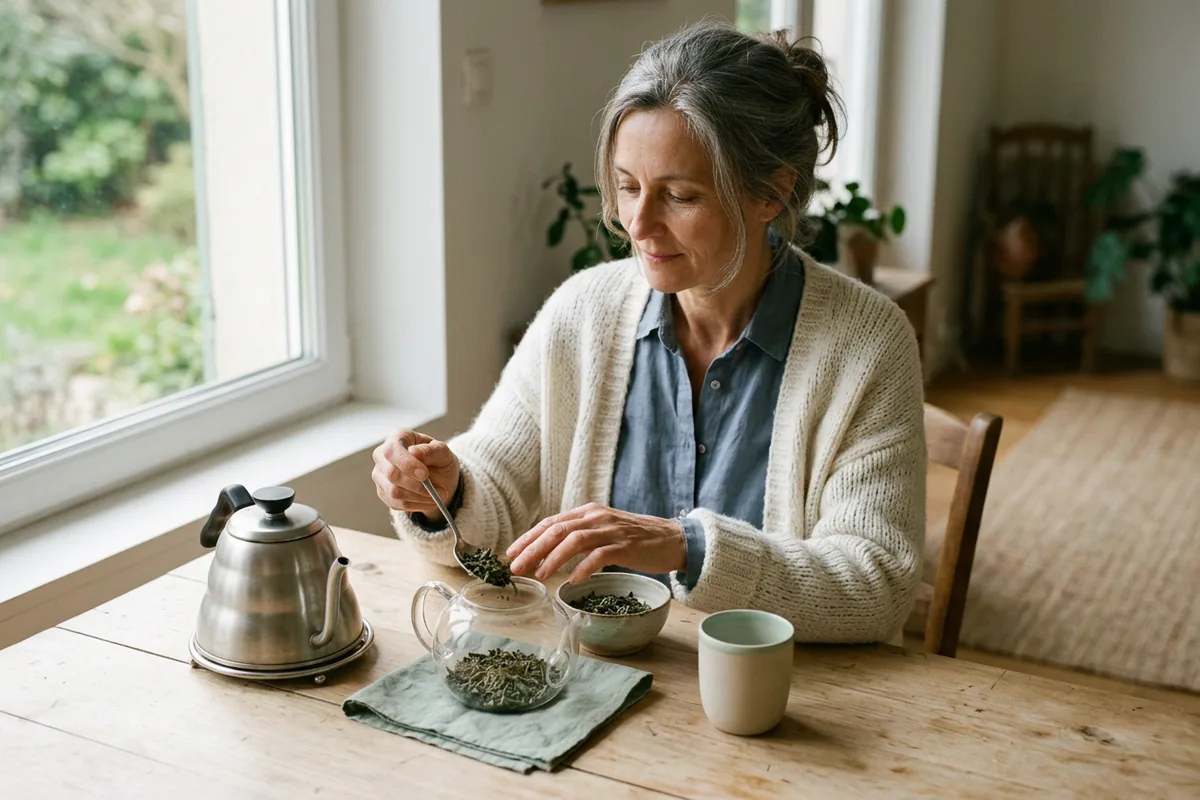 Femme qui infuse des feuilles de thé en vrac dans une théière en verre, l'après-midi