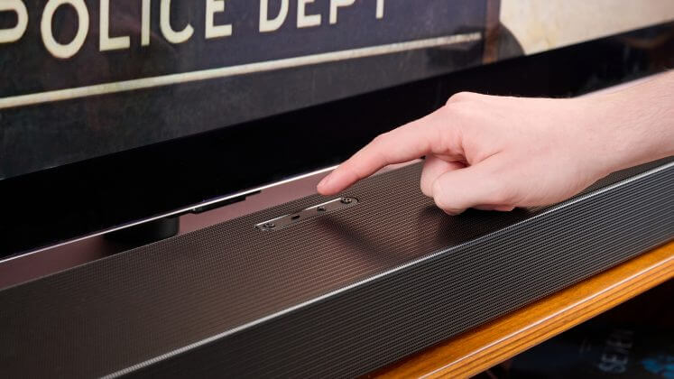 Close-up of the Samsung HW-Q800F remote control.