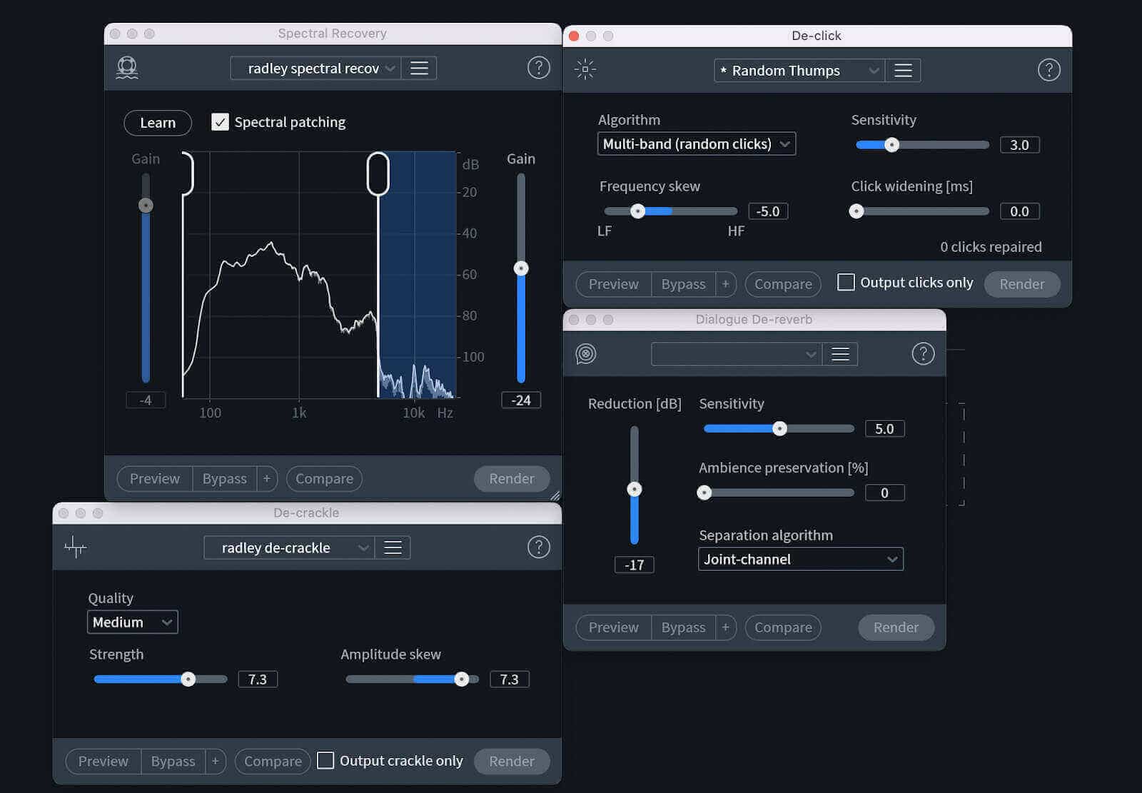RX plug-ins like Dialogue De-reverb, De-click, De-crackle, and Spectral Recovery are great ways to clean up your podcast audio.