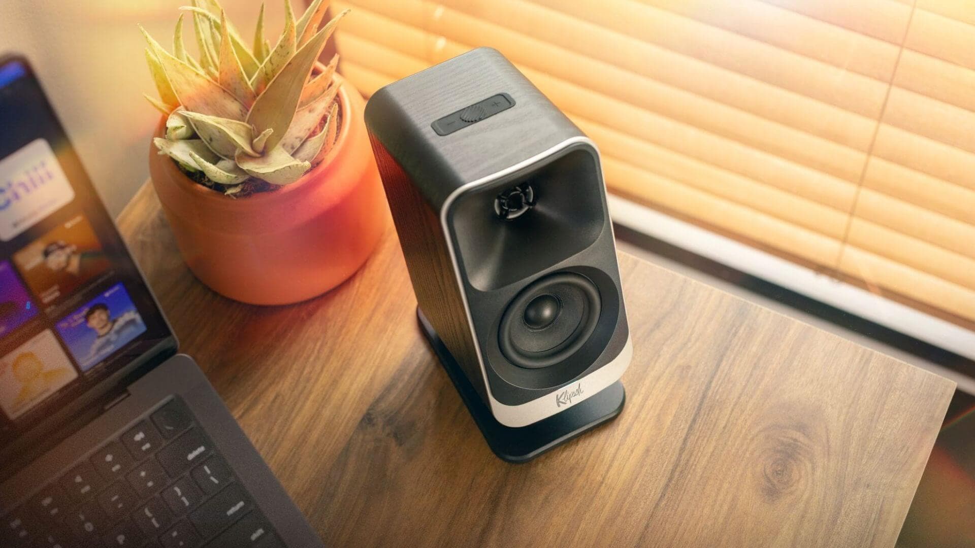 Klipsch ProMedia Lumia speakers glowing with customizable LED light behind