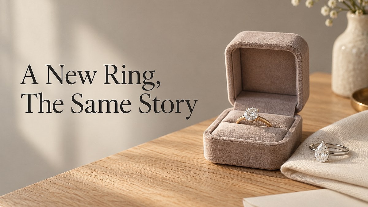An engagement ring in a keepsake box beside a different solitaire, with the headline “A New Ring, The Same Story”.