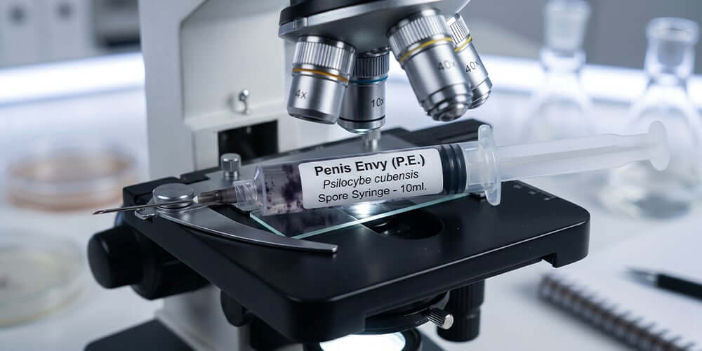Penis Envy Psilocybe cubensis spore syringe on microscope stage