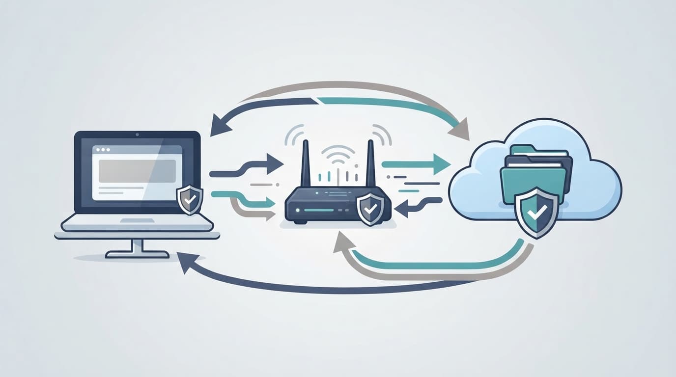 Illustration of a laptop, network router, and cloud storage each protected by a shield, representing endpoint, network, and cloud DLP