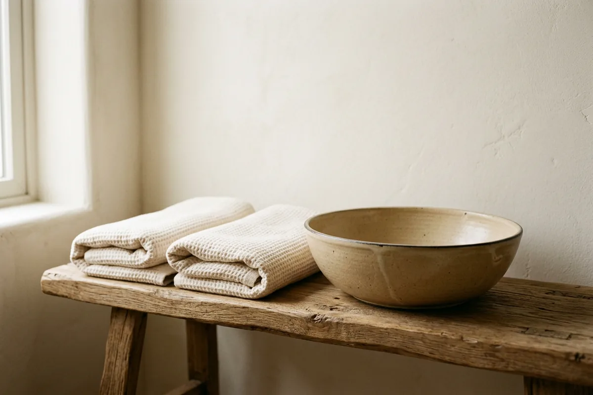 Folded cream towels beside a wide shallow ceramic basin on a wooden bench, ready for a warm soak