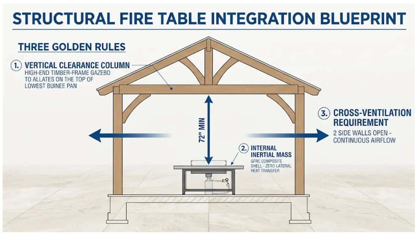 An architect-style engineering blueprint schematic showing the mandatory clearance metrics and ventilation rules for safely integrating a propane fire pit table underneath a timber gazebo.