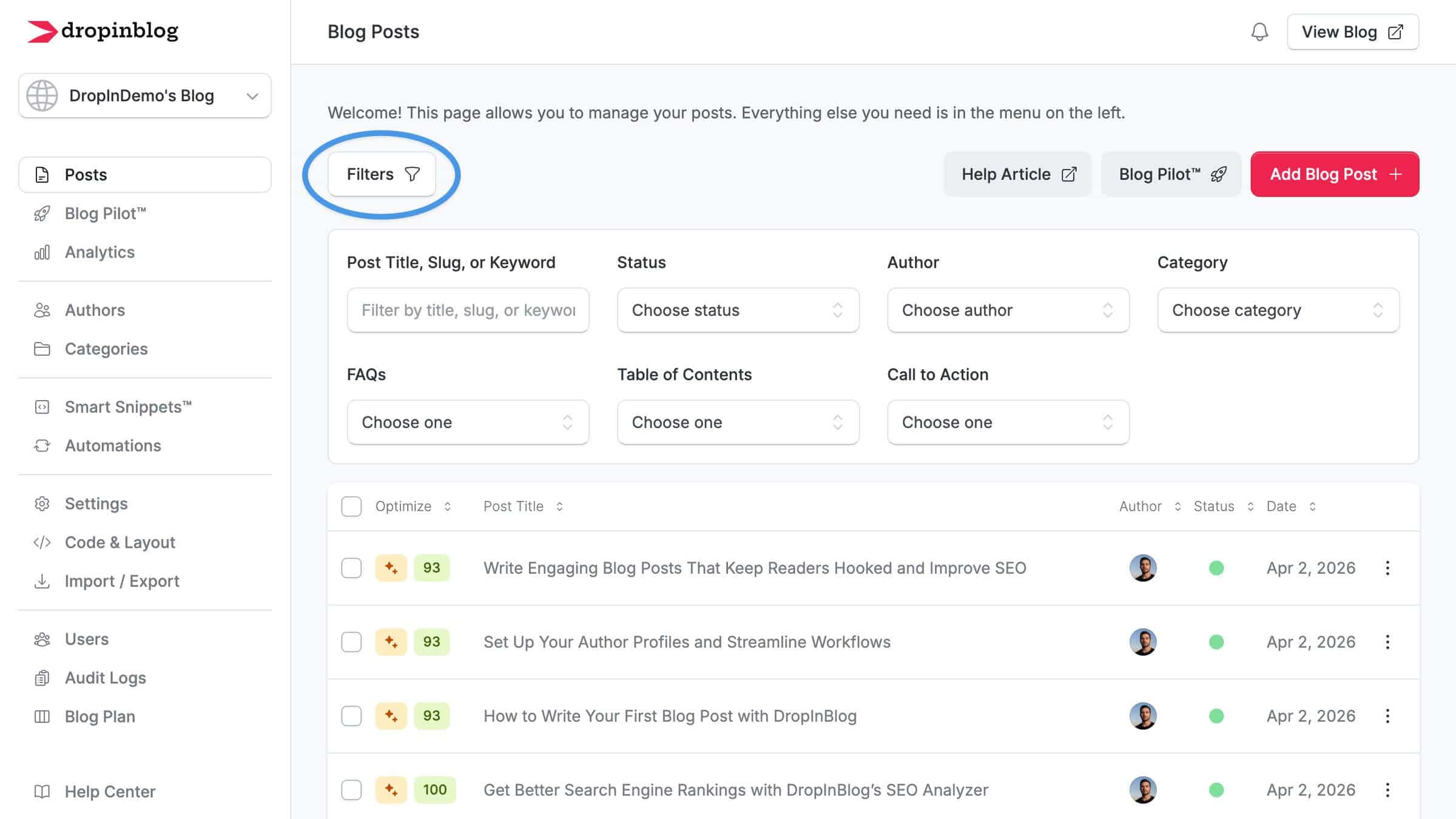 DropInBlog admin: Content filters