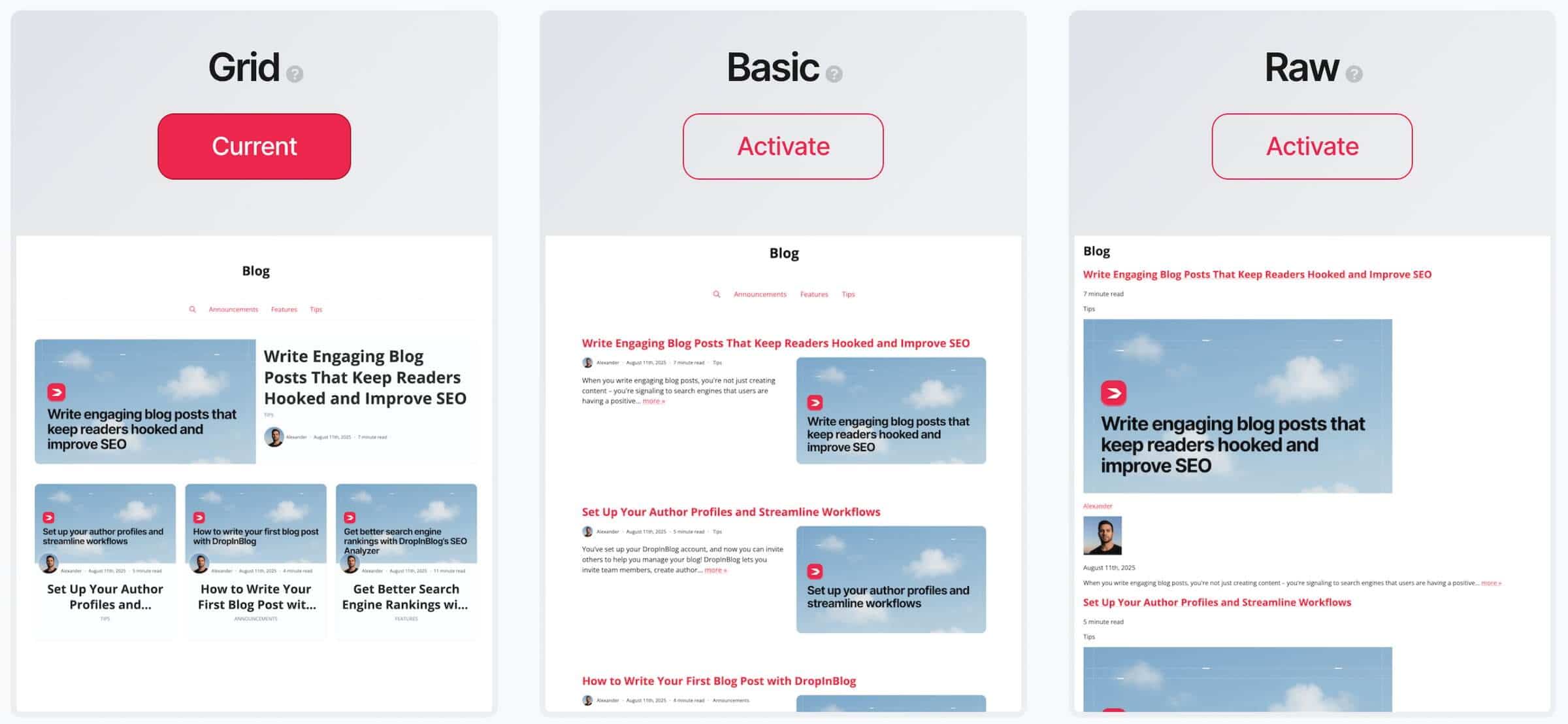 Supported blog layouts