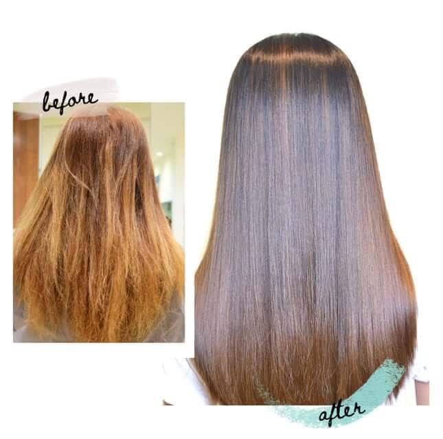 Client's hair transformation, highlighting the effective results of a Keratin treatment service.