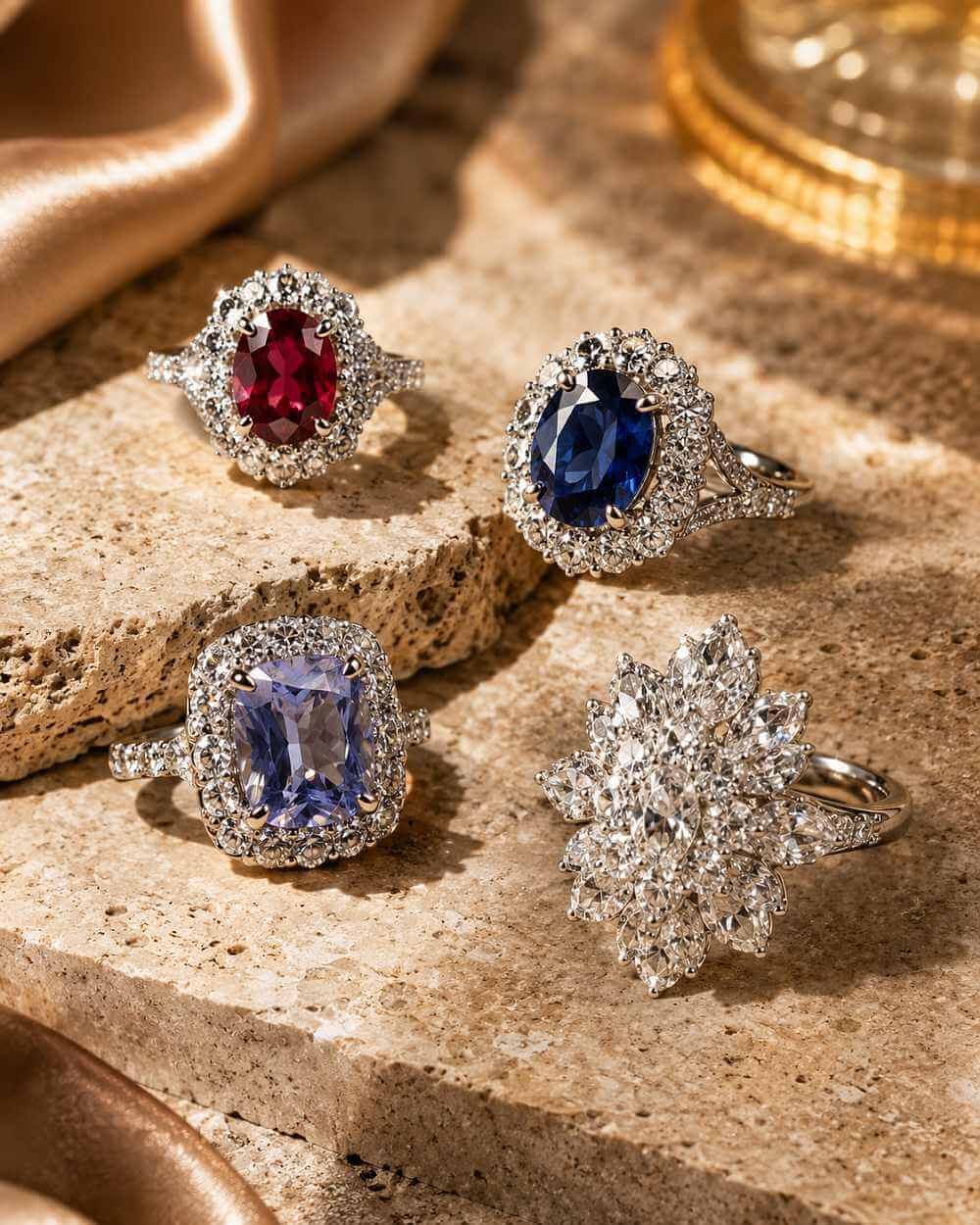 A selection of gemstone and diamond rings showing different cocktail-ring styles and statement-ring moods