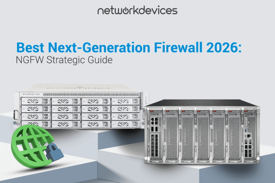 Best Next-Generation Firewall 2026: NGFW Strategic Guide featuring enterprise firewall chassis from Fortinet and Palo Alto Networks next to a secure globe icon.