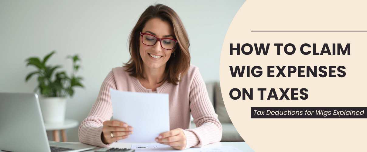 Woman calculating taxes with the text 'How to Claim Tax Deductions for Wigs' highlighting the importance of claiming wig expenses as tax-deductible.