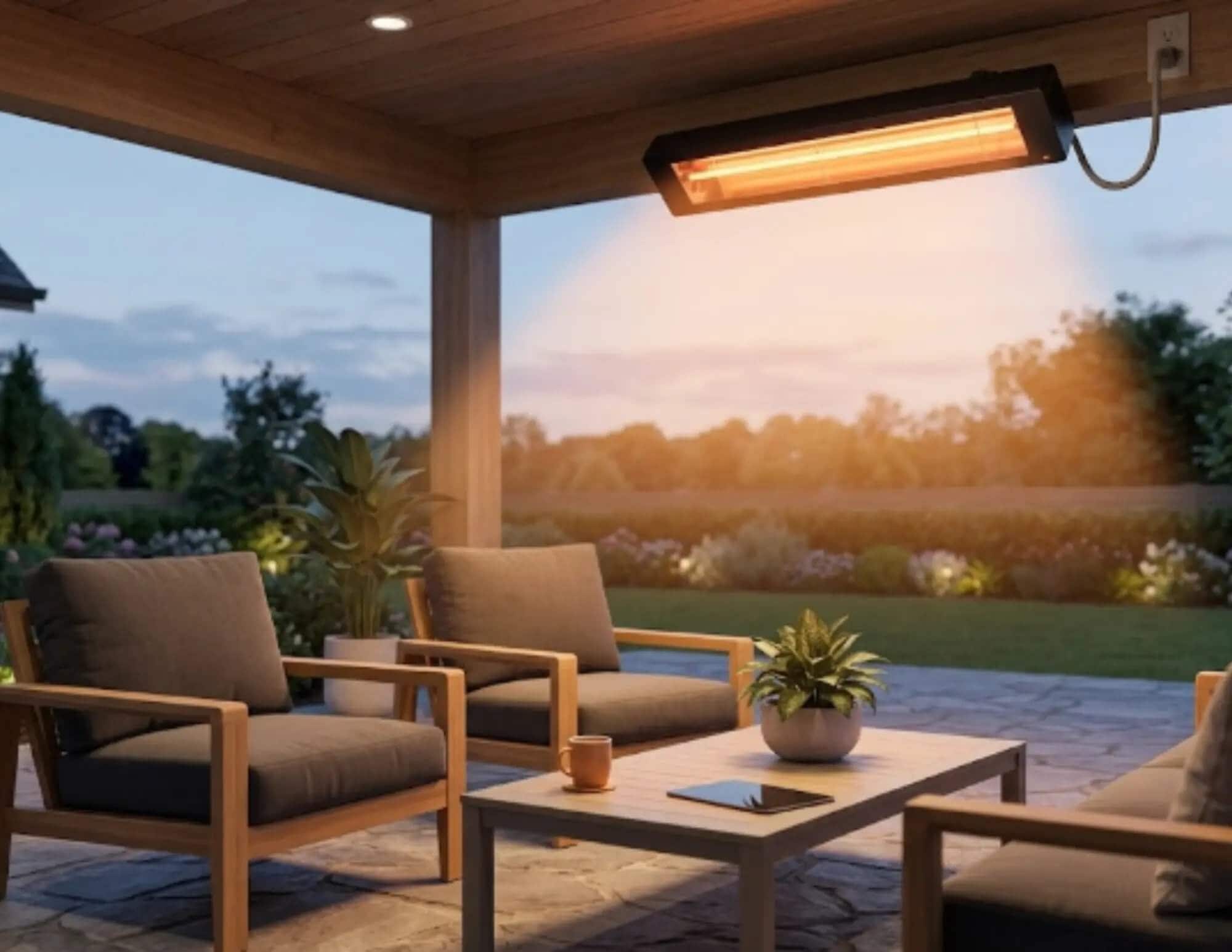 A 120V electric infrared patio heater mounted on a dark wooden ceiling beam of a modern covered patio. The heater is glowing warm orange and is visibly plugged into a standard three-prong outlet, illuminating cozy outdoor lounge furniture with a pott