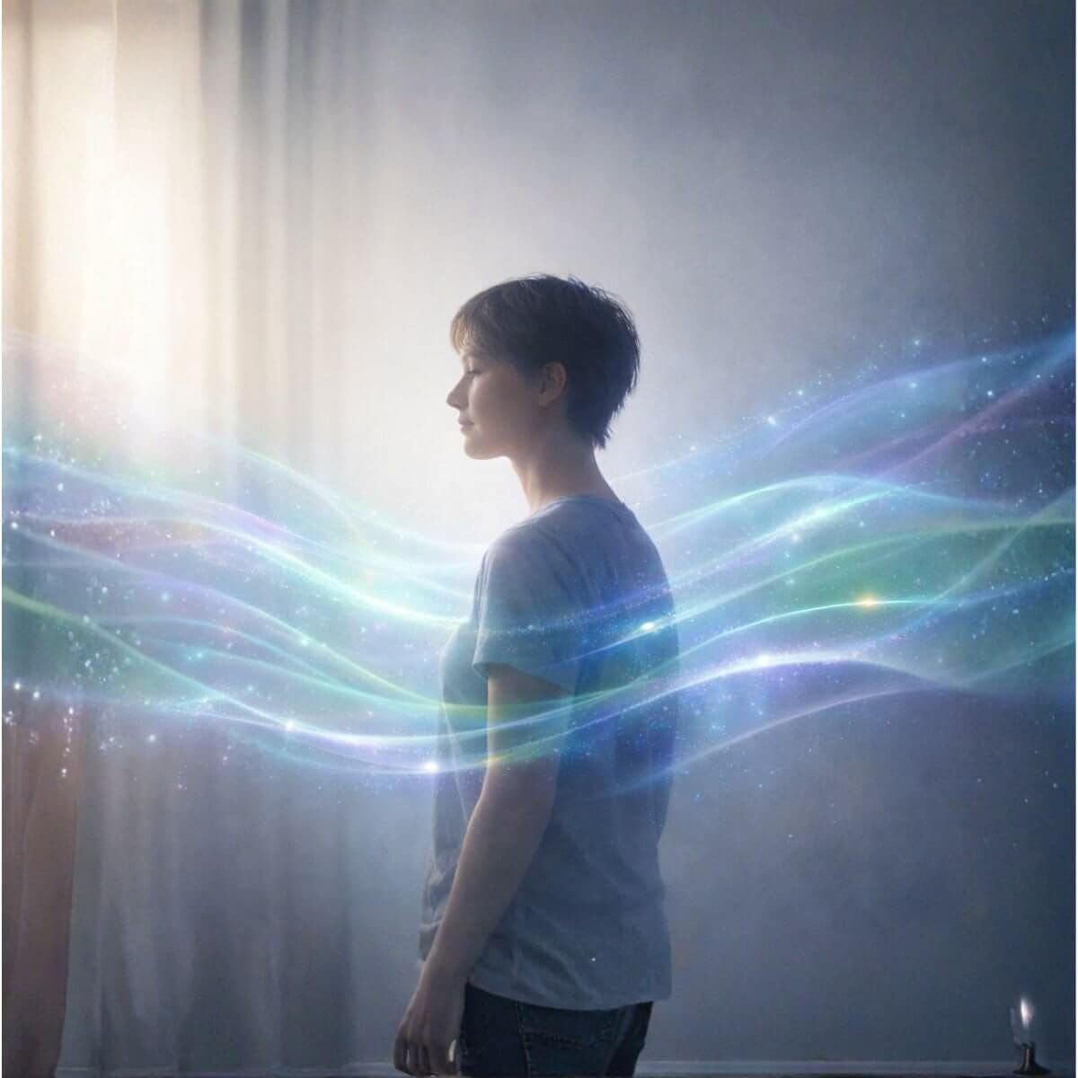 A solitary female figure in stillness as soft blue, green, and purple energy moves around them, representing presence and the quiet power of being seen.