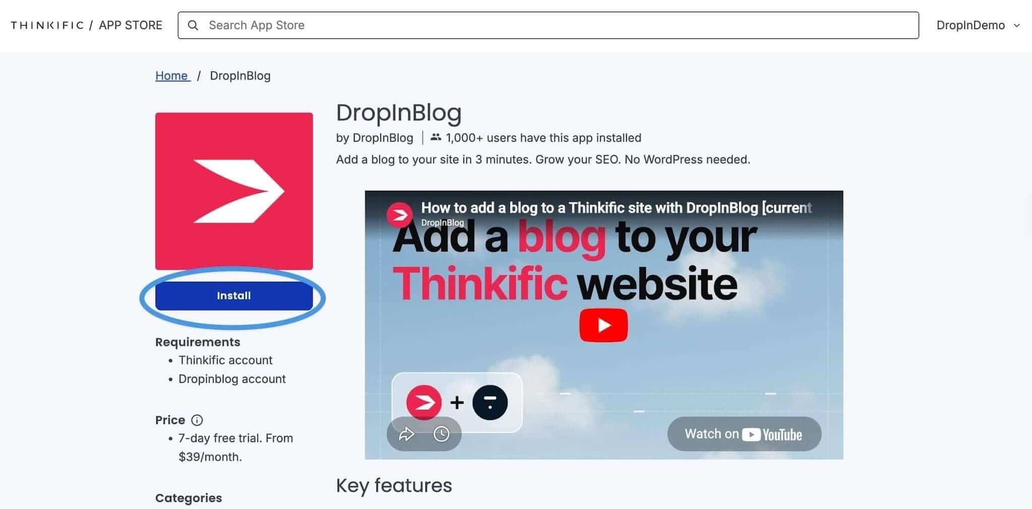 Thinkific blog install step