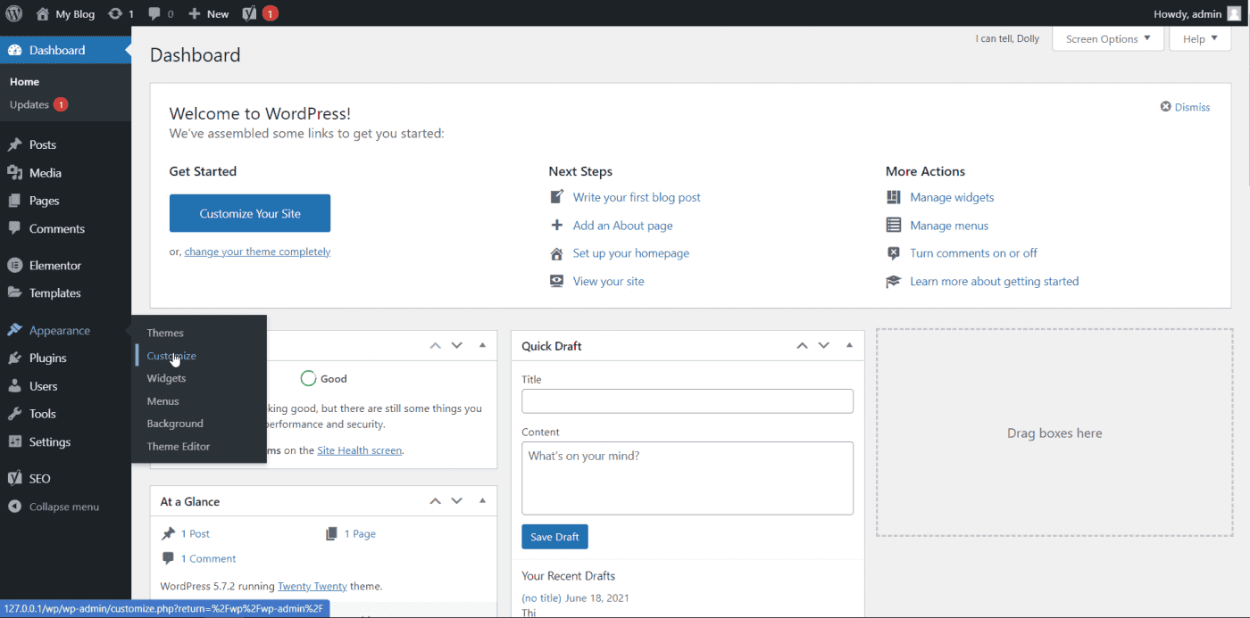 WordPress dashboard
