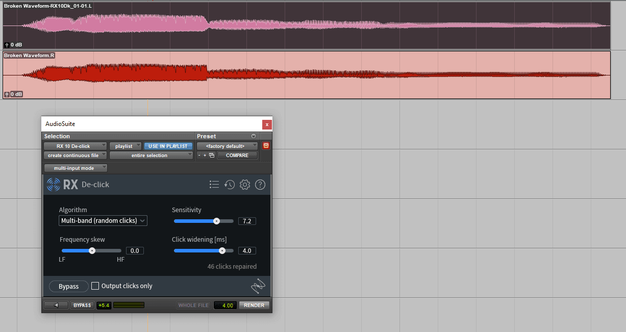 RX De-clip smooths differences in waveforms, reducing pops and clicks