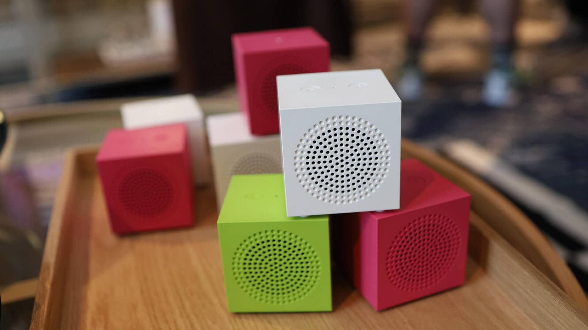 IKEA Kallsup neon lime small cube speakers stacked like LEGO