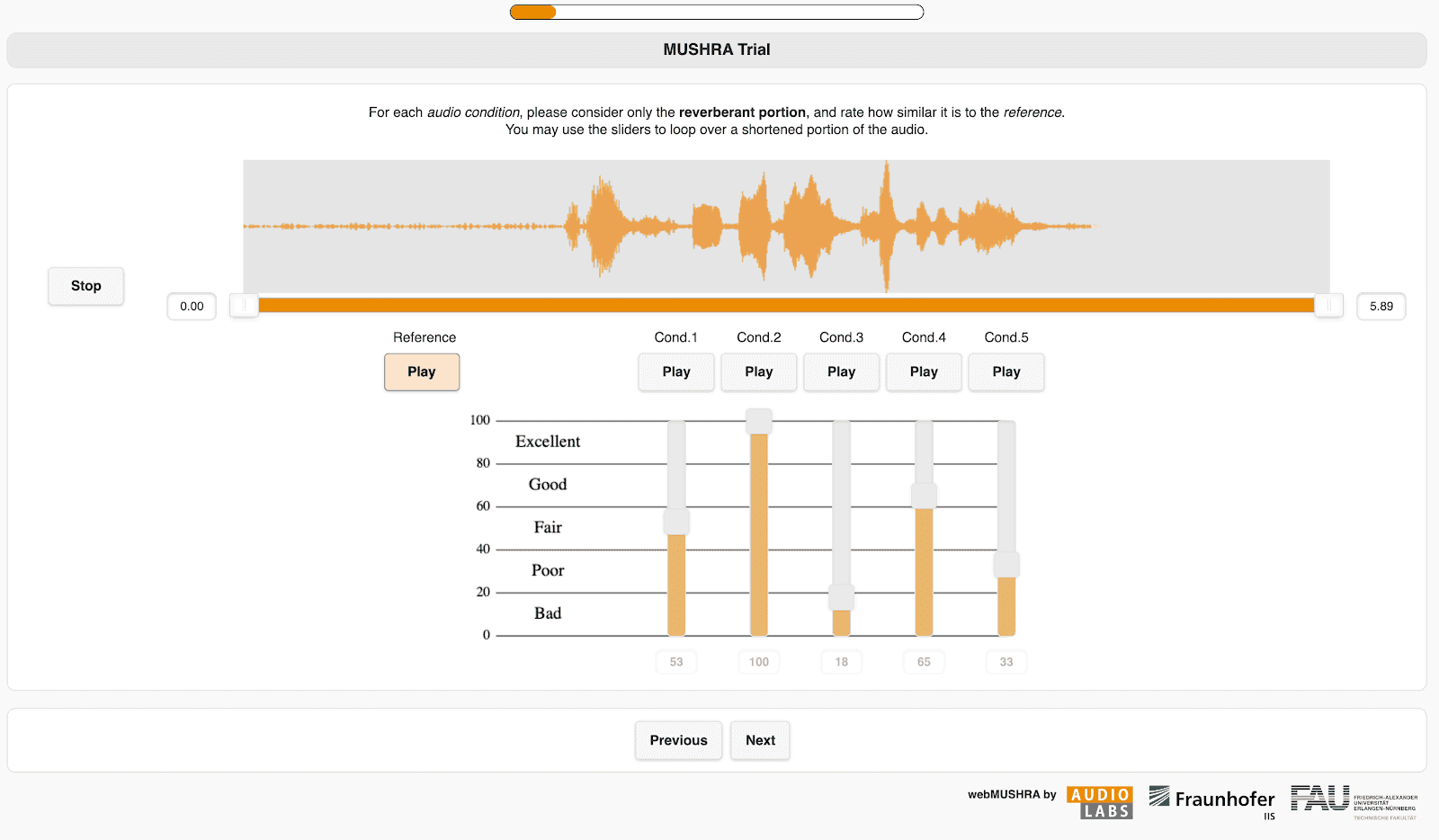 Dialogue Match experiment conducted using webMUSHRA by AudioLabs Schoeffler, M. et al., (2018). webMUSHRA — A Comprehensive Framework for Web-based Listening Tests. Journal of Open Research Software. 6(1), p.8.